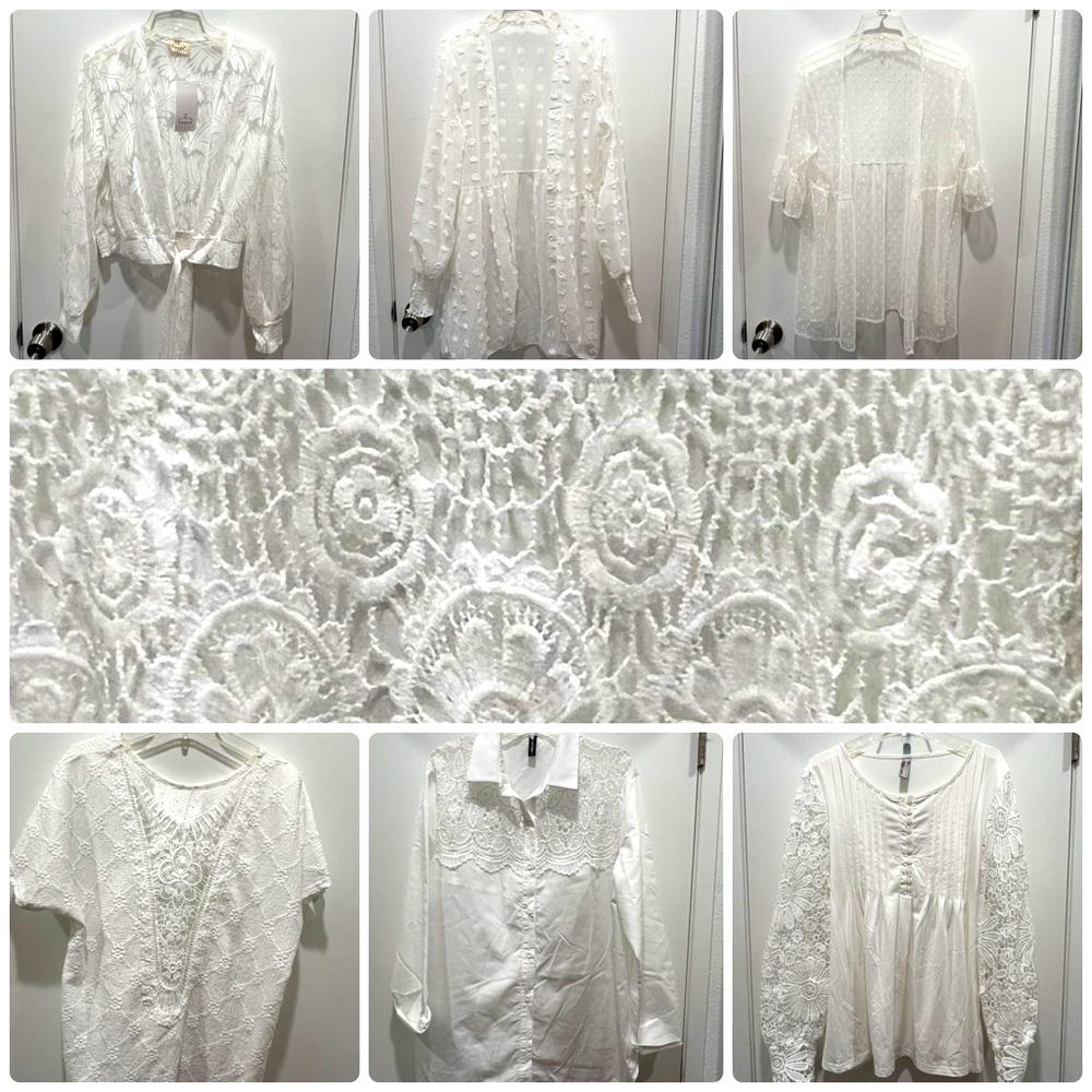 Seven Elegant White Lace Tops for $20. 
Medium & Large sizes.